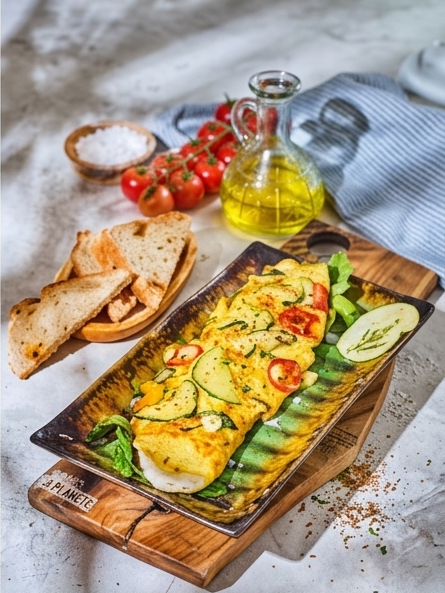 Omlet z 3 eko jajek wiejskich z masłem i bagietką